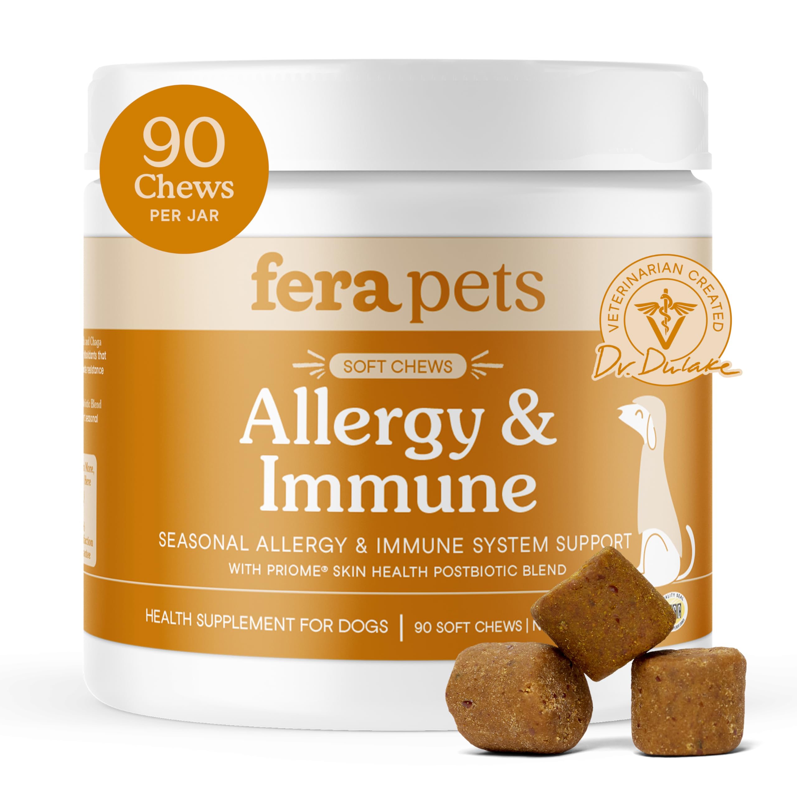 Fera Pets dog allergy chews bottle front for skin and allergy support