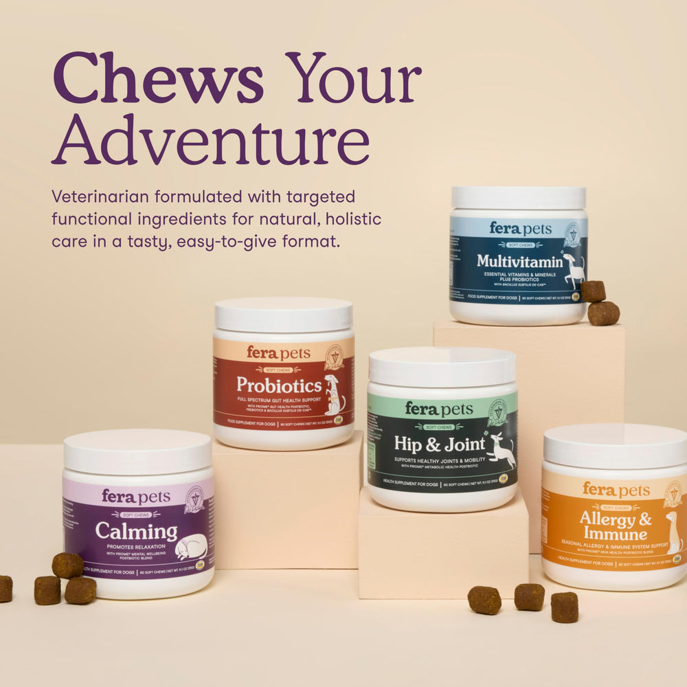 Fera Pets calming chews travel pack setup before trip