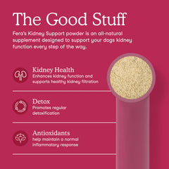 Fera Pets kidney support powder scoop shown with measured dose for easy feeding.