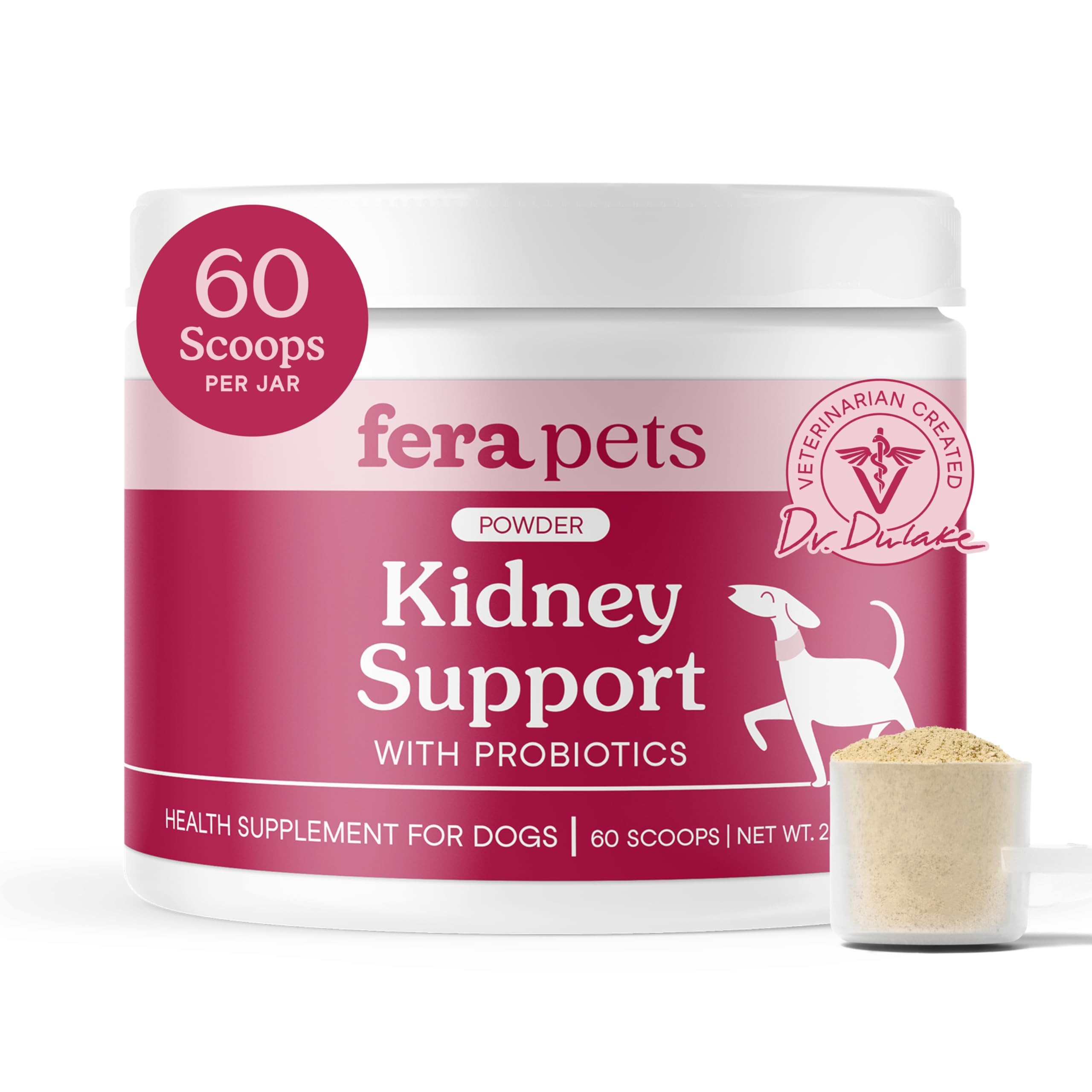 Fera Pets dog kidney support powder tub ready to mix for daily kidney support.