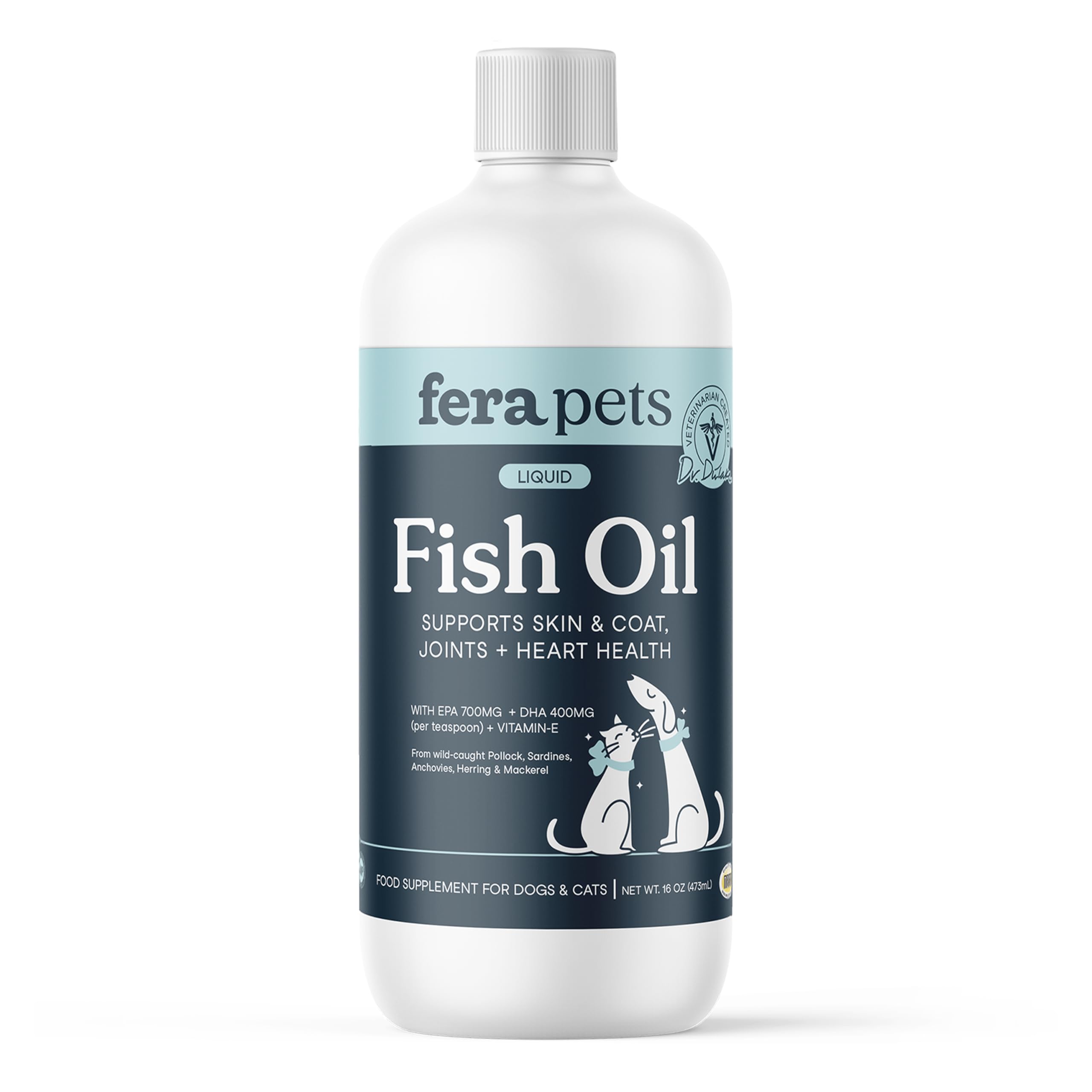 Fera Pets Fish Oil bottle label highlights omega-3 benefits for dogs and cats