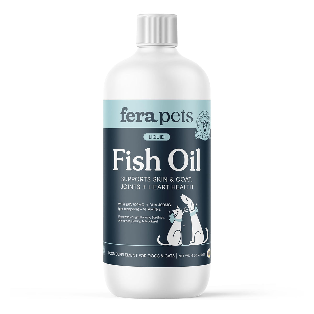 Fera Pets Fish Oil bottle label highlights omega-3 benefits for dogs and cats