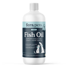 Fera Pets Fish Oil bottle label highlights omega-3 benefits for dogs and cats