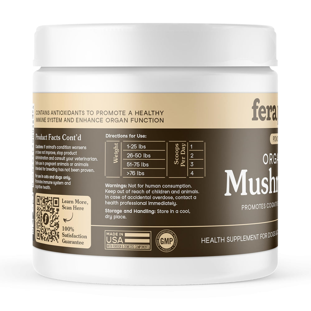 Fera Pets Mushroom Supplement label with health-focused benefits keywords