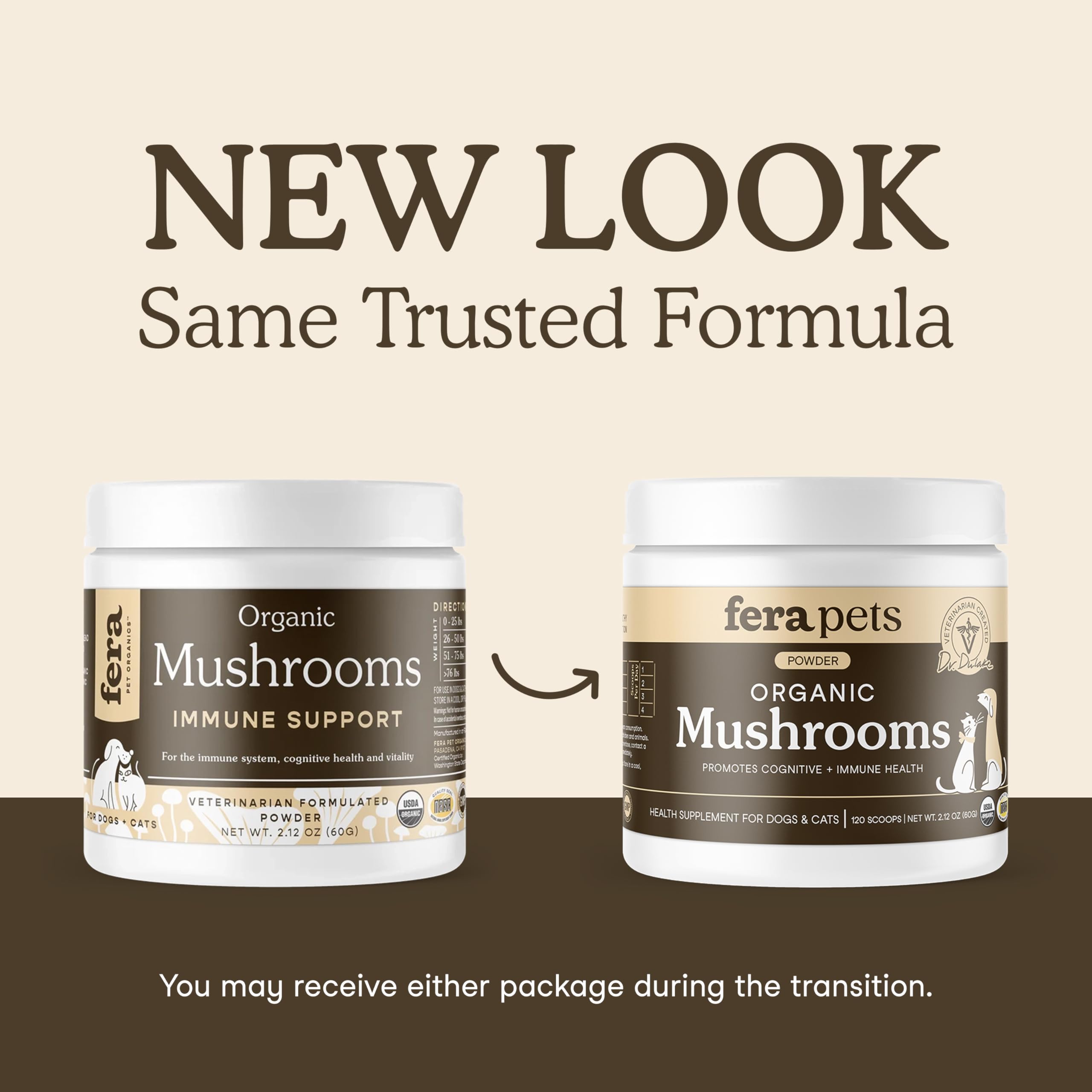 Fera Pets Mushroom Supplement label close-up shows USDA Organic and NASC seal