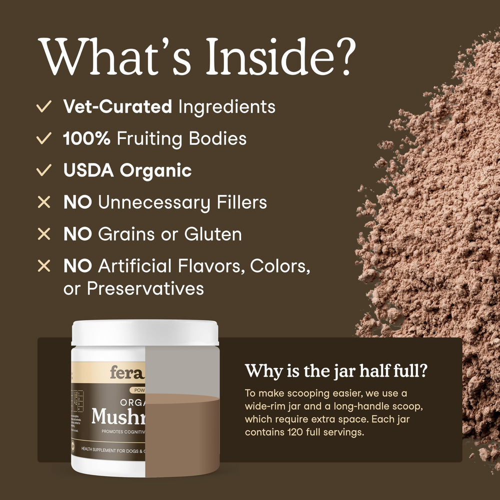 Fera Pets Mushroom Supplement being poured reveals fine organic powder
