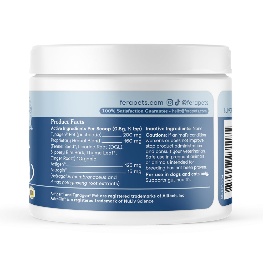 Fera Pets Postbiotics Plus Prebiotics food topper for cats and dogs enhances meal-time nutrition.
