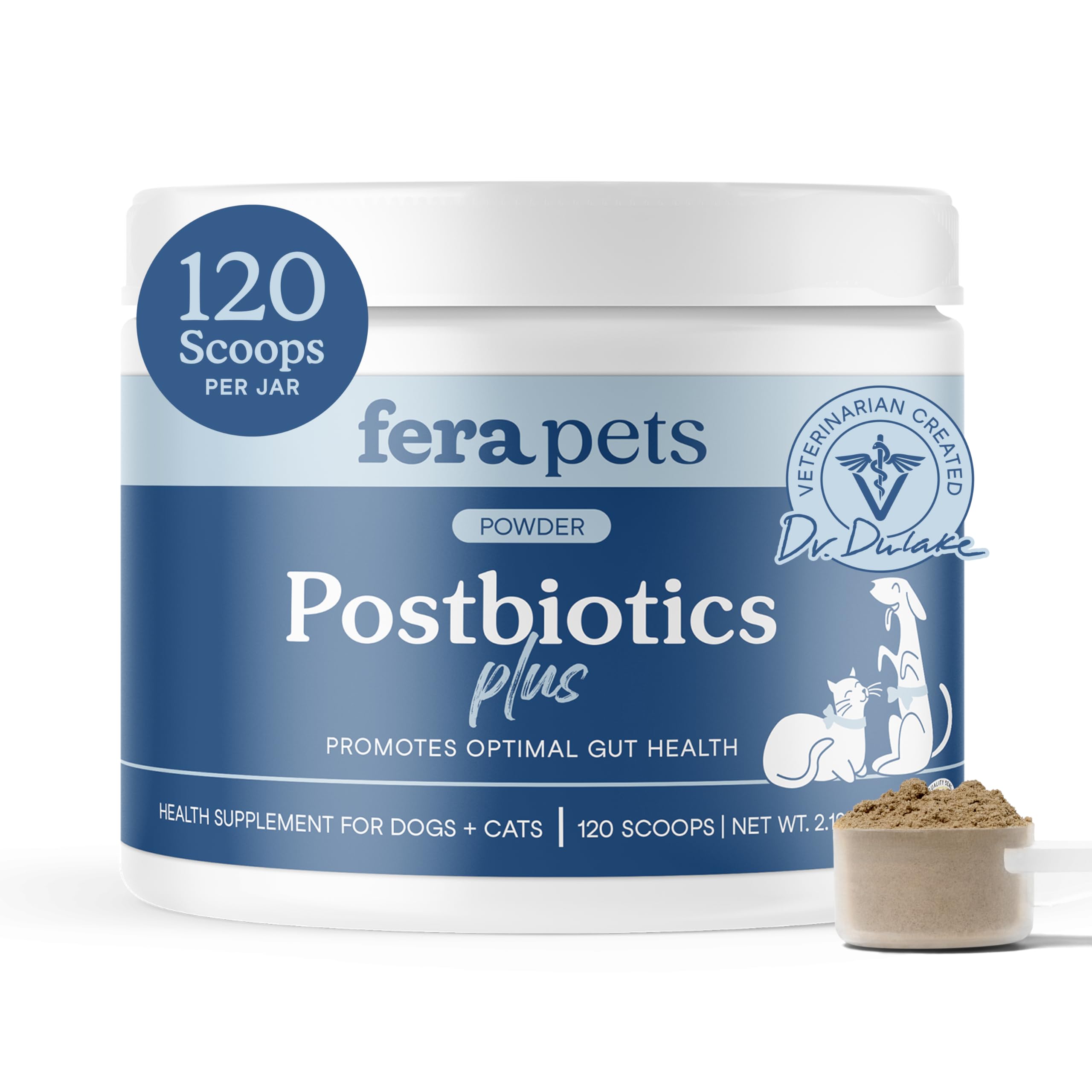 Fera Pets Postbiotics Plus Prebiotics bottle demonstrates convenient digestion support.