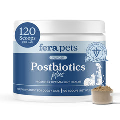 Fera Pets Postbiotics Plus Prebiotics bottle demonstrates convenient digestion support.