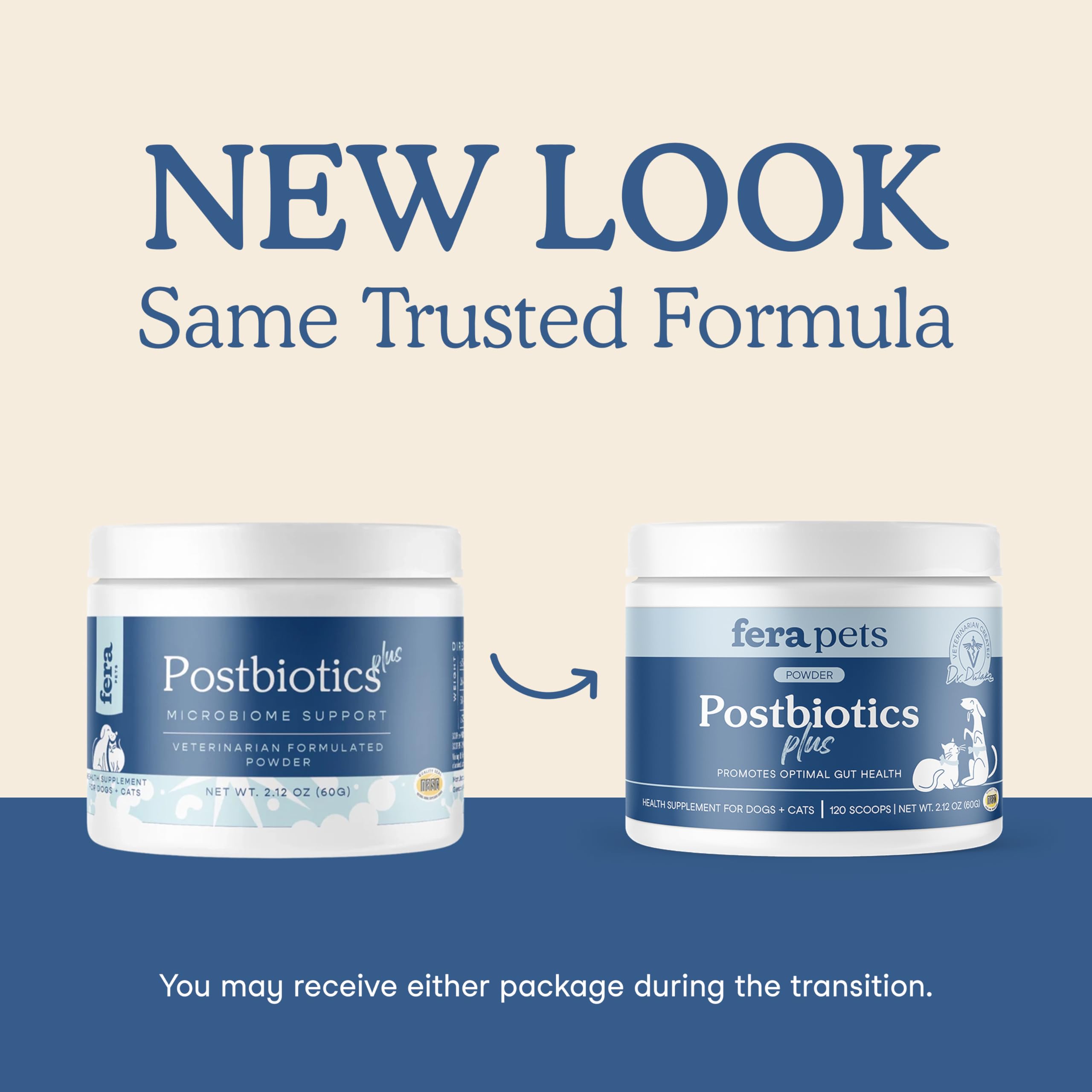 Fera Pets Postbiotics Plus Prebiotics scoop emphasizes simple dosing for dogs of all sizes.