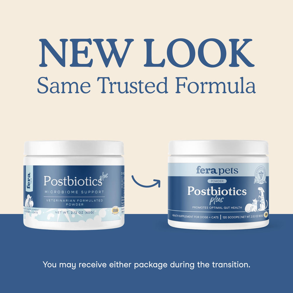 Fera Pets Postbiotics Plus Prebiotics scoop emphasizes simple dosing for dogs of all sizes.
