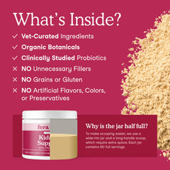 Fera Pets probiotics dog kidney formula highlights probiotic blend for gut health and detox support.