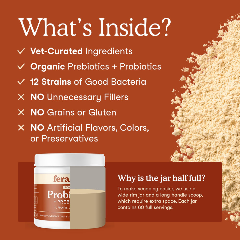 Fera Pets Probiotics sprinkled onto dog and cat meals.
