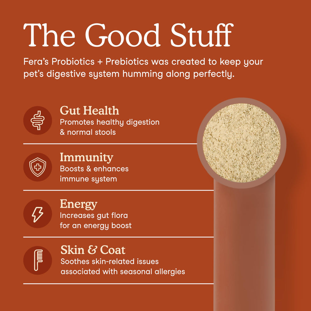 Fera Pets Probiotics organic ingredients label highlights acacia prebiotics.