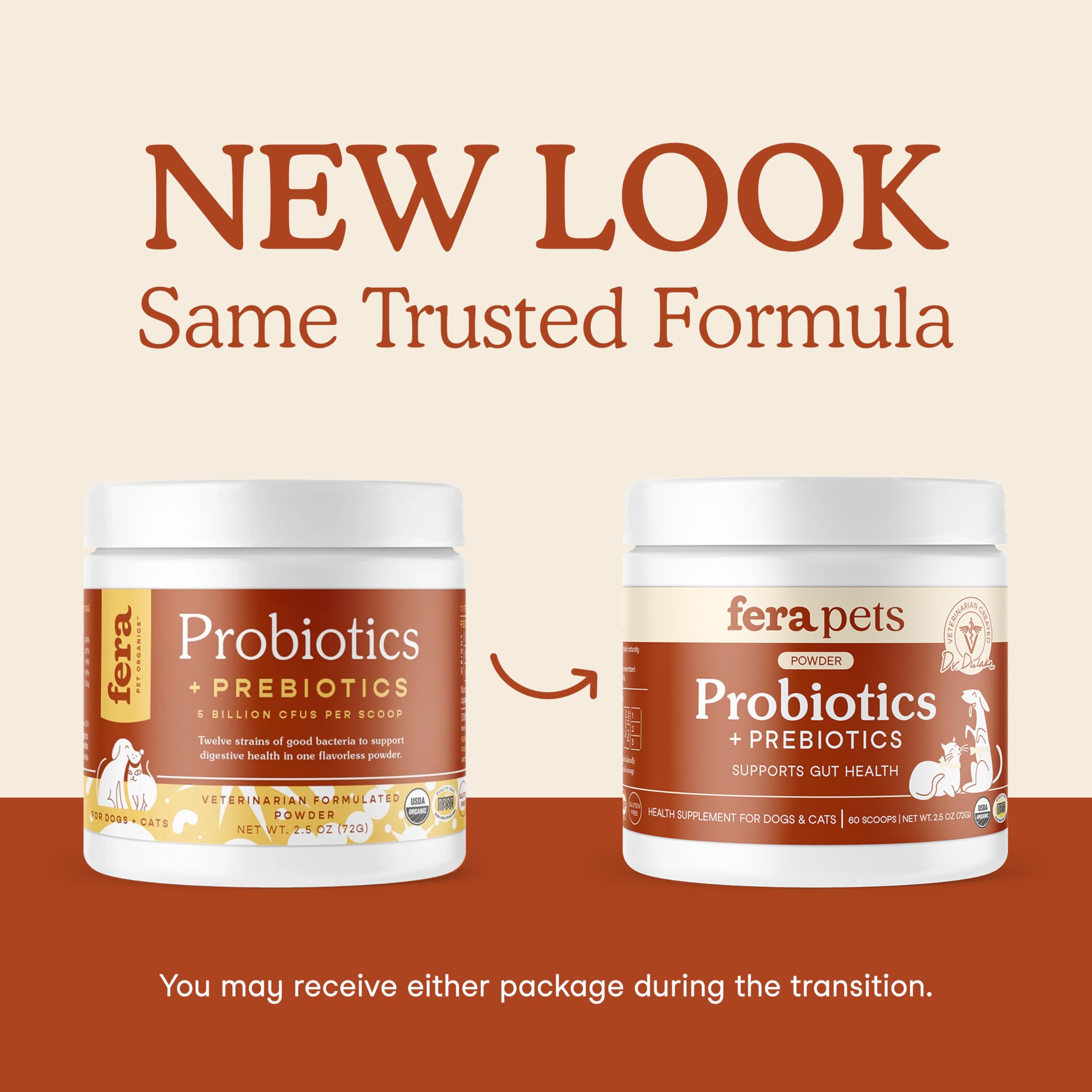 Fera Pets Probiotics scoop shows dosing for dogs and cats.
