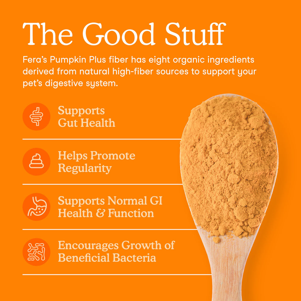 Fera Pets pumpkin plus organic seeds closeup highlights flax and coconut fiber sources.