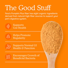 Fera Pets pumpkin plus organic seeds closeup highlights flax and coconut fiber sources.