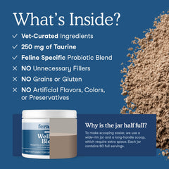 Cat probiotics label on Fera Pets Wellness Blend emphasizes gut health support