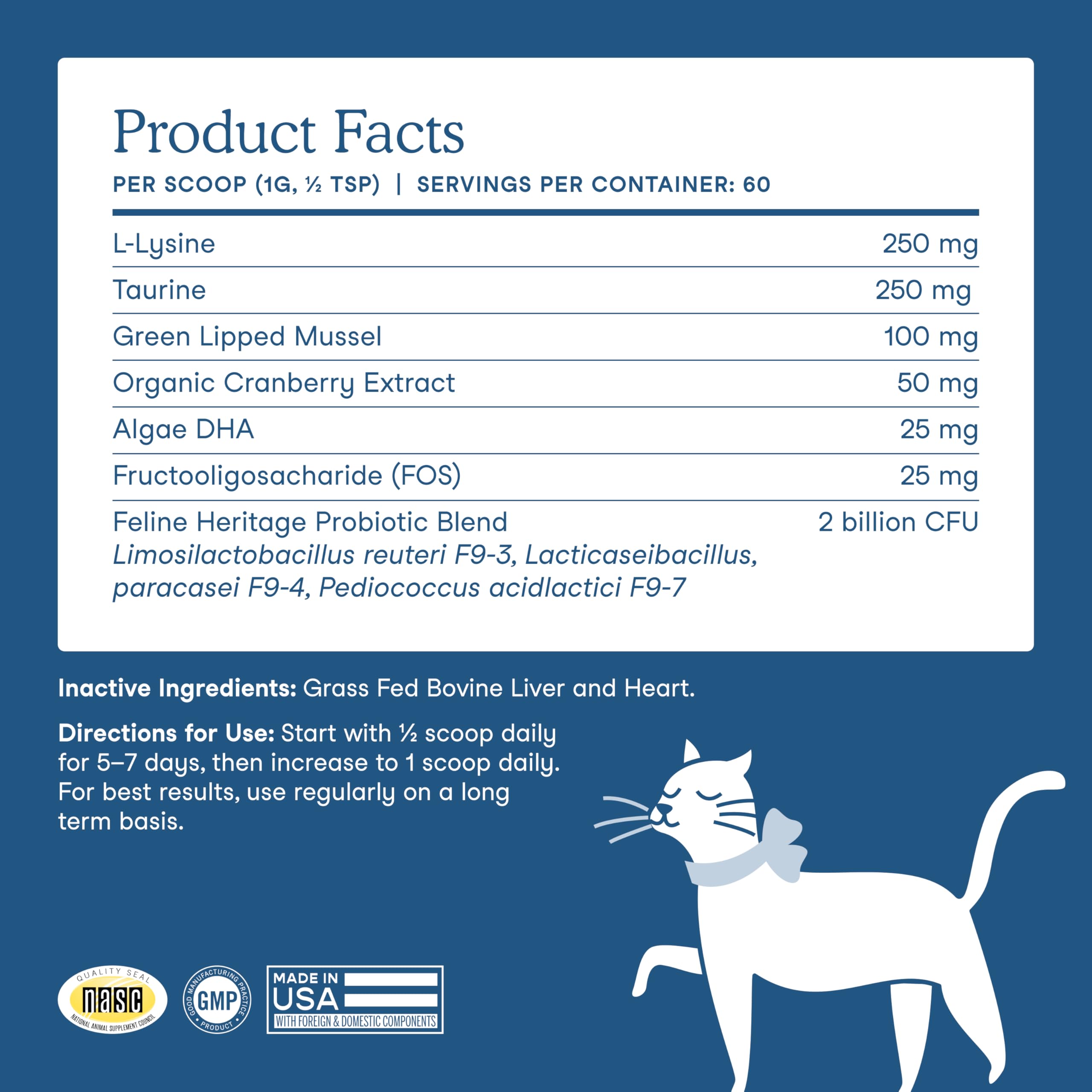 Taurine and lysine bottle highlights heart and immune support for cats
