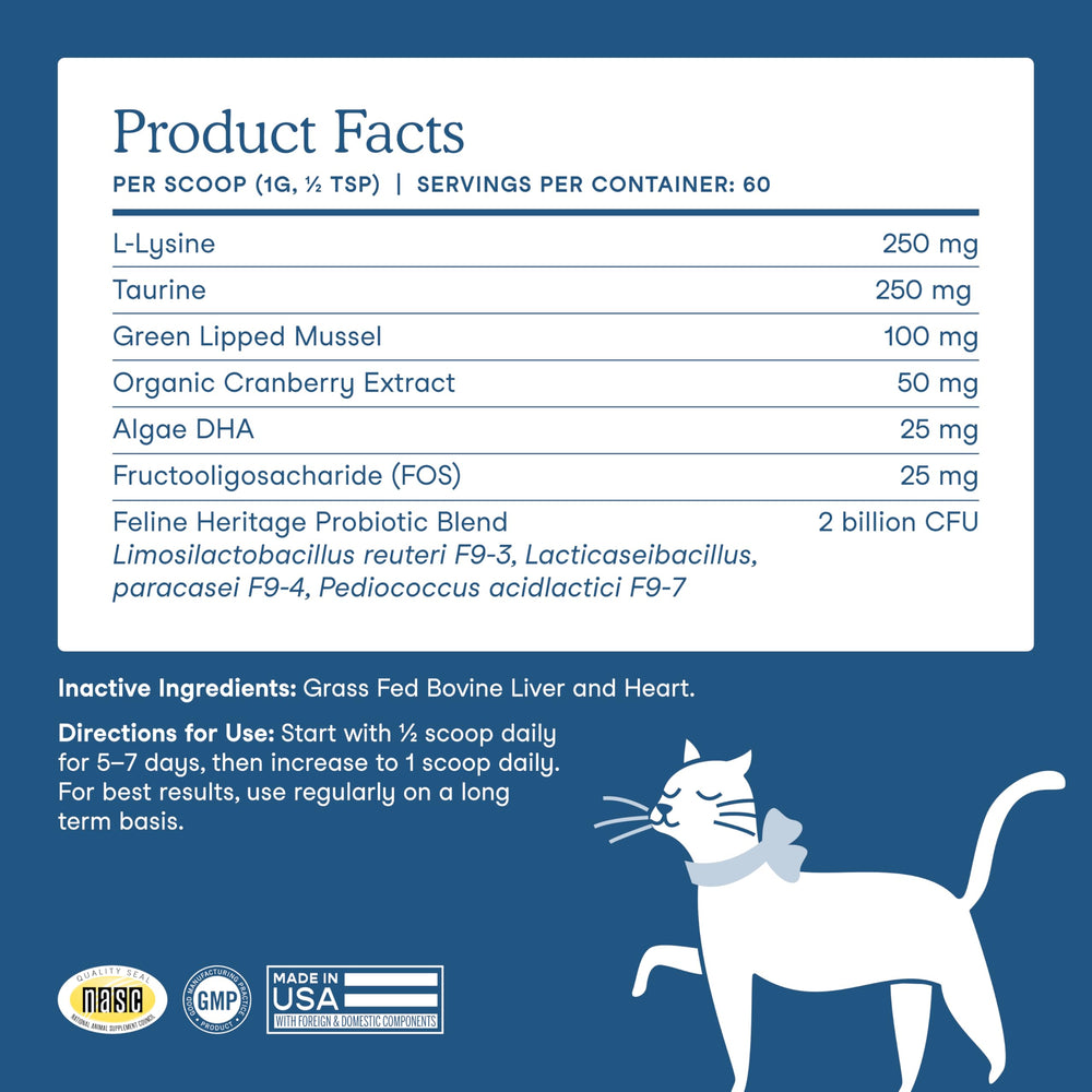 Taurine and lysine bottle highlights heart and immune support for cats