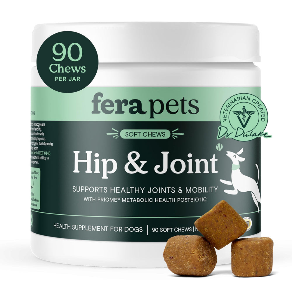 Fera Pets Hip and Joint bottle demonstrates mobility support from a vet-founded formula