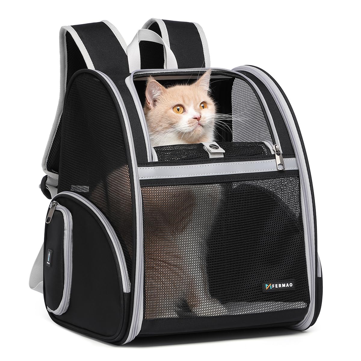 FERMAO cat backpack front view shows sturdy structure for safe outdoor use
