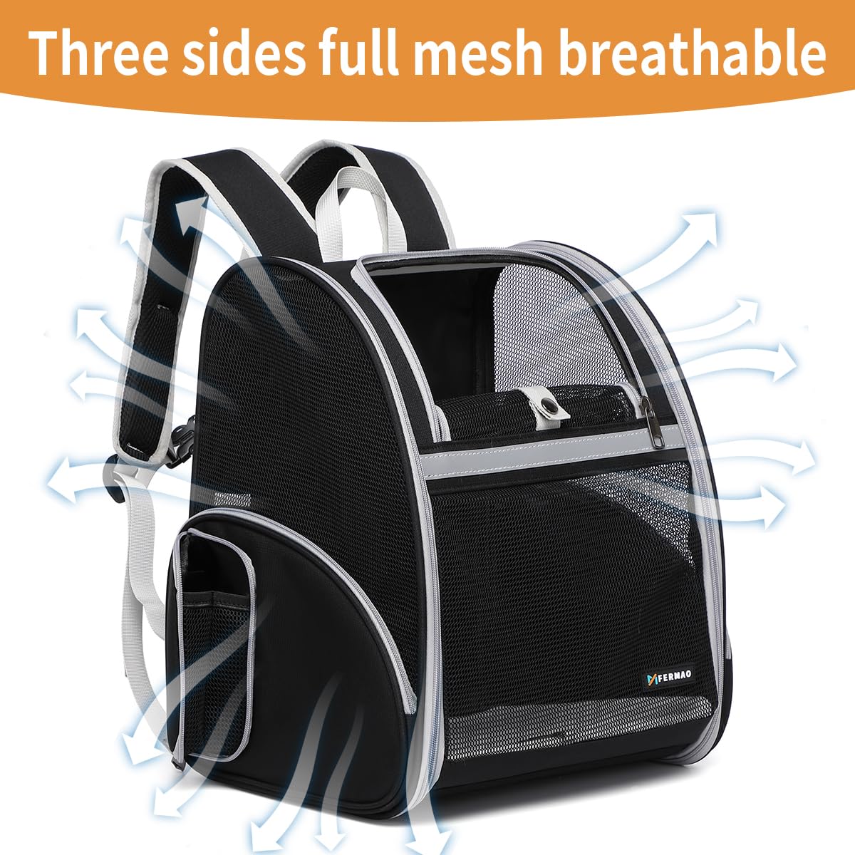 FERMAO cat backpack side mesh emphasizes breathable visibility on hikes