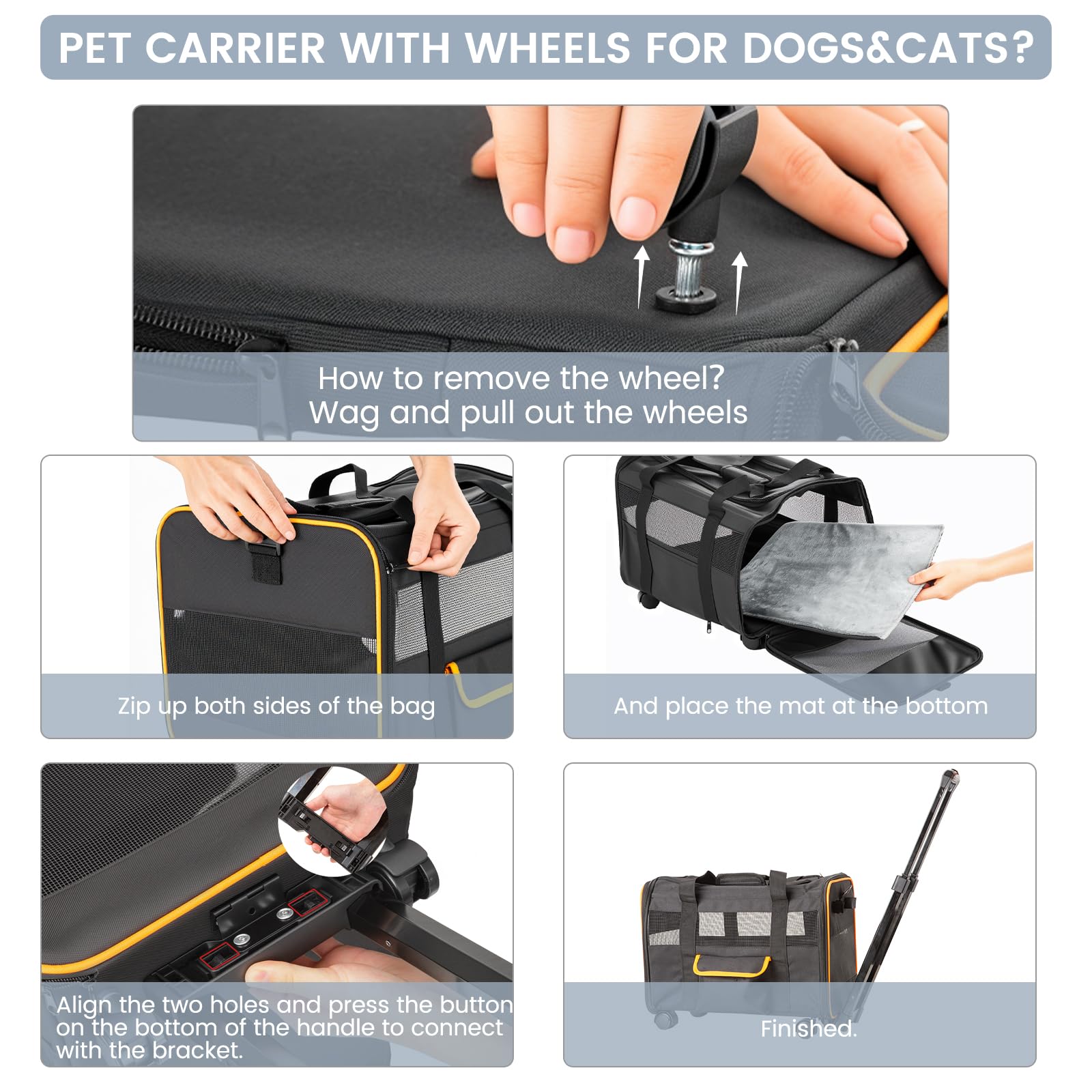 Ferrafay pet carrier rolling wheels enable smooth travel through cars and airports.