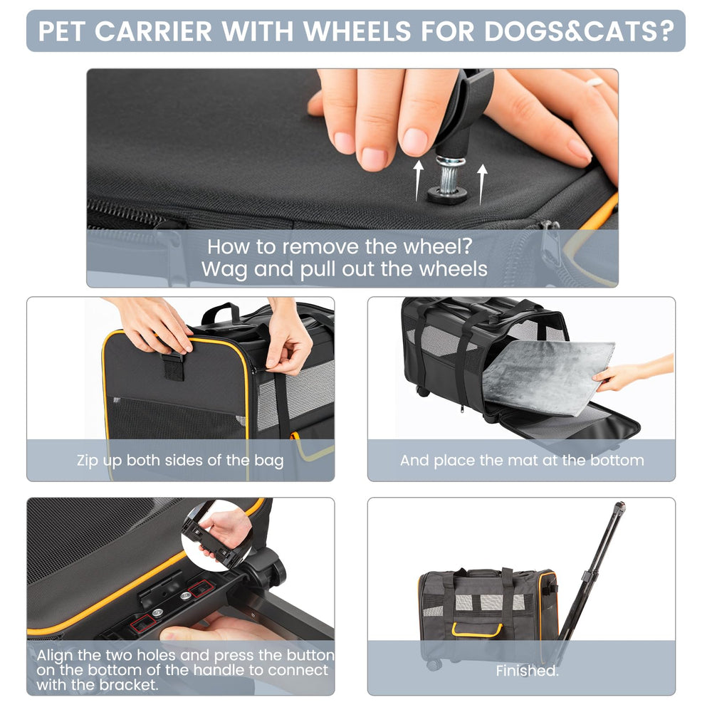 Ferrafay pet carrier rolling wheels enable smooth travel through cars and airports.