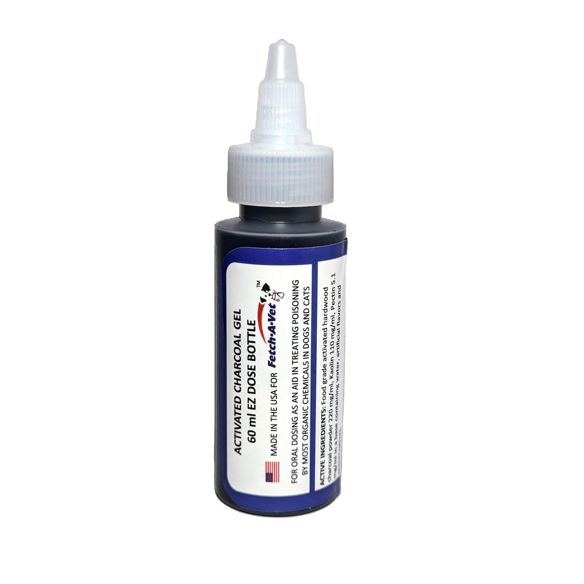 Fetch A Vet activated charcoal gel bottle front shows ready-to-use emergency treatment for pets.