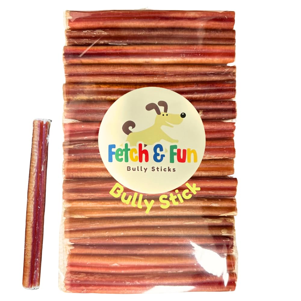 Fetch & Fun Bully Sticks 6inch closeup pack shows natural ingredients for safer chewing.