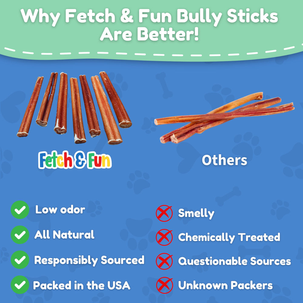Fetch & Fun Bully Sticks 6inch chew on floor after walk; protein-rich snack.