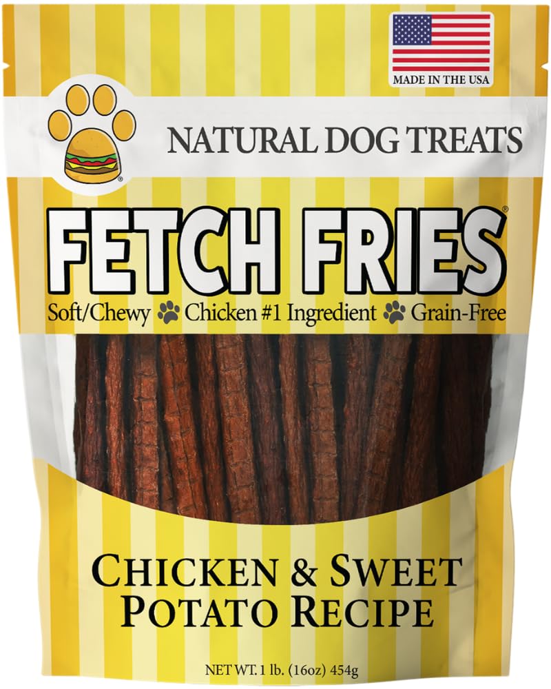 Fetch Fries packaging shows natural USA-made chicken treats for training.