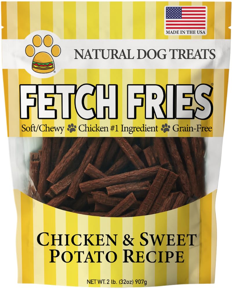 Fetch Fries packaging bag highlighting natural ingredients for healthier dog snacks.