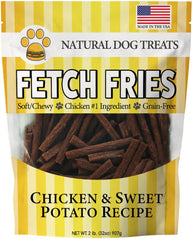 Fetch Fries packaging bag highlighting natural ingredients for healthier dog snacks.