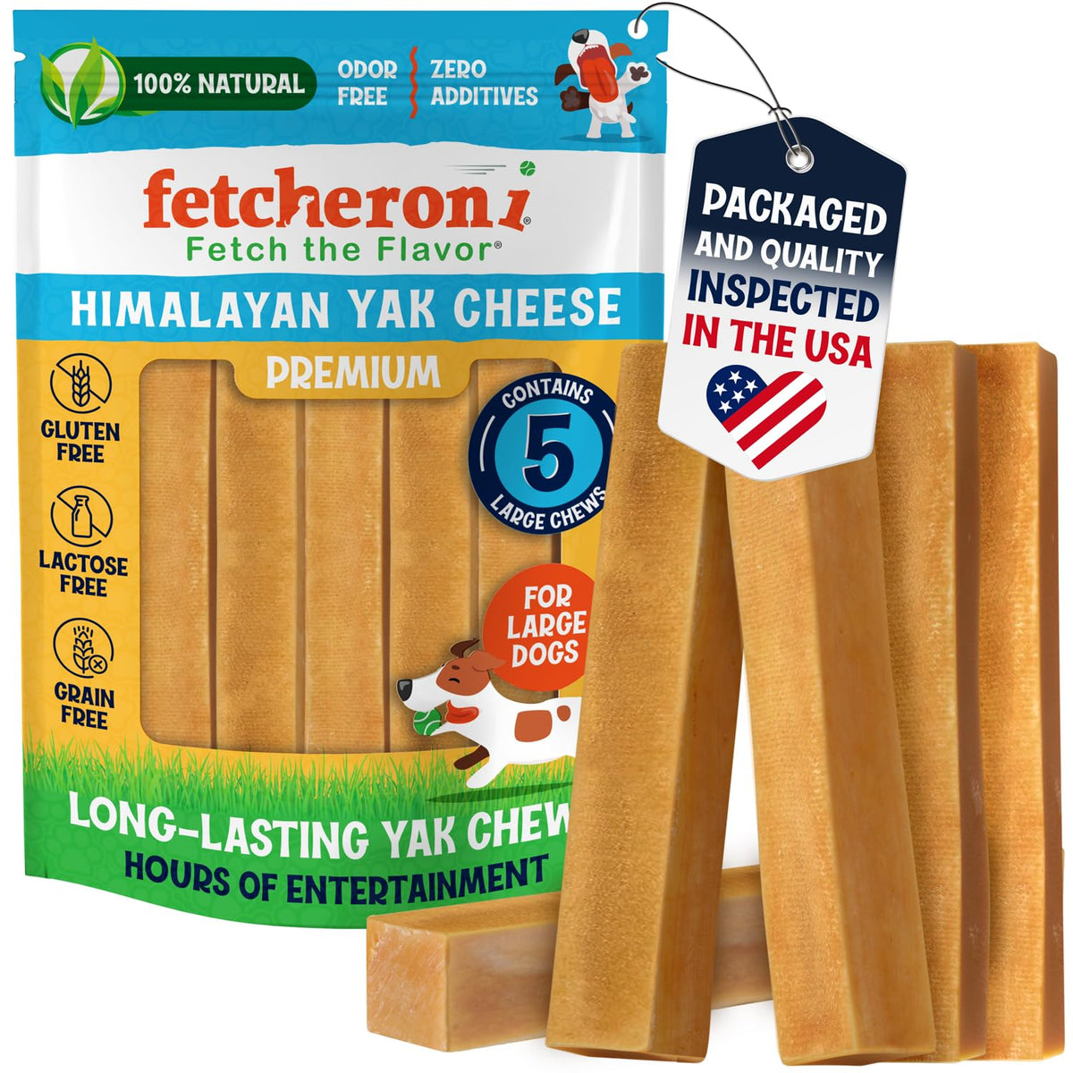 Fetcheroni Himalayan Yak Chews five-pack, long-lasting dog chew.