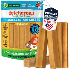 Fetcheroni Himalayan Yak Chews five-pack, long-lasting dog chew.