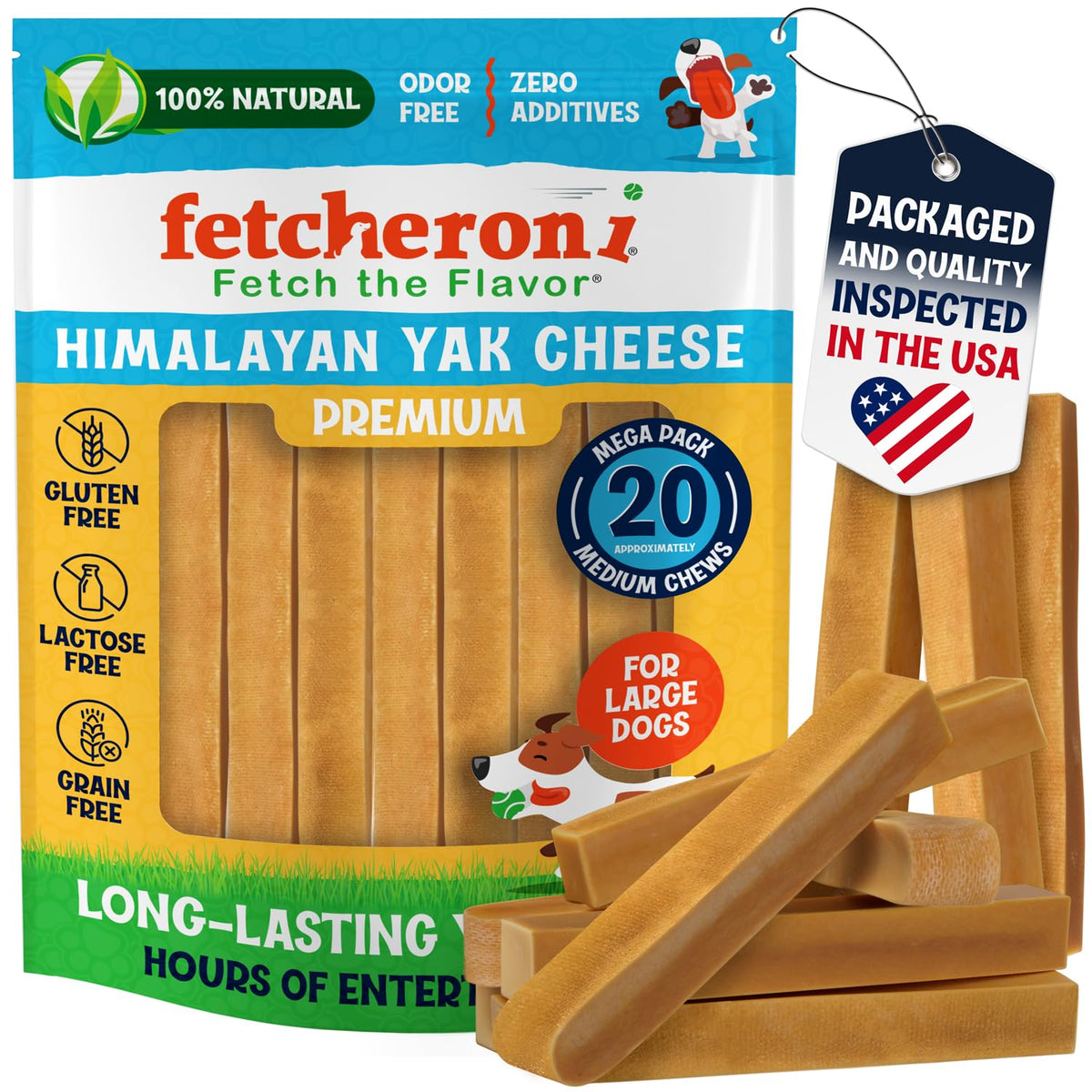 Fetcheroni Himalayan Yak Chews packaging shows premium natural dog treats