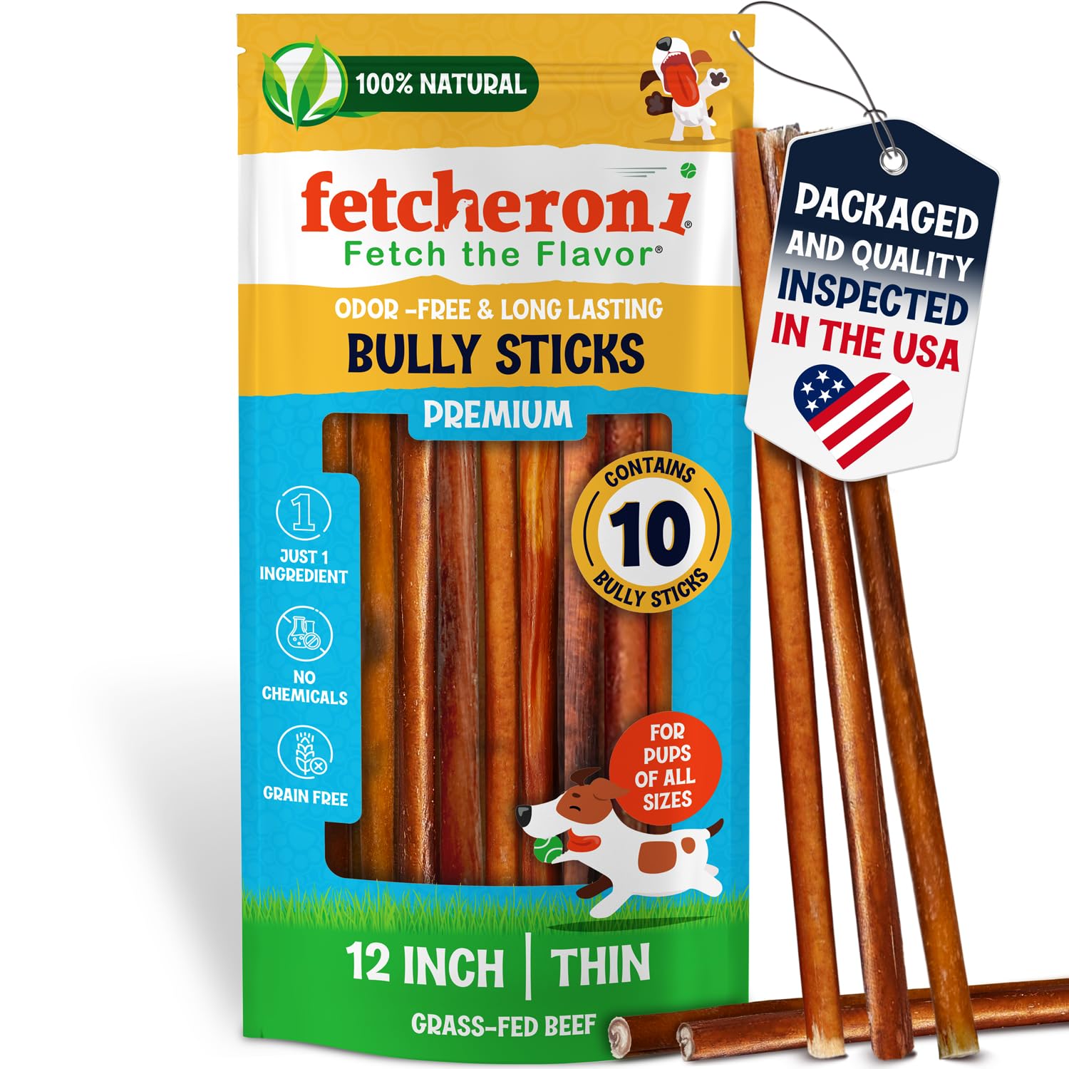 Fetcheroni odor-free bully sticks 12inch pack hero — long-lasting chew for dogs