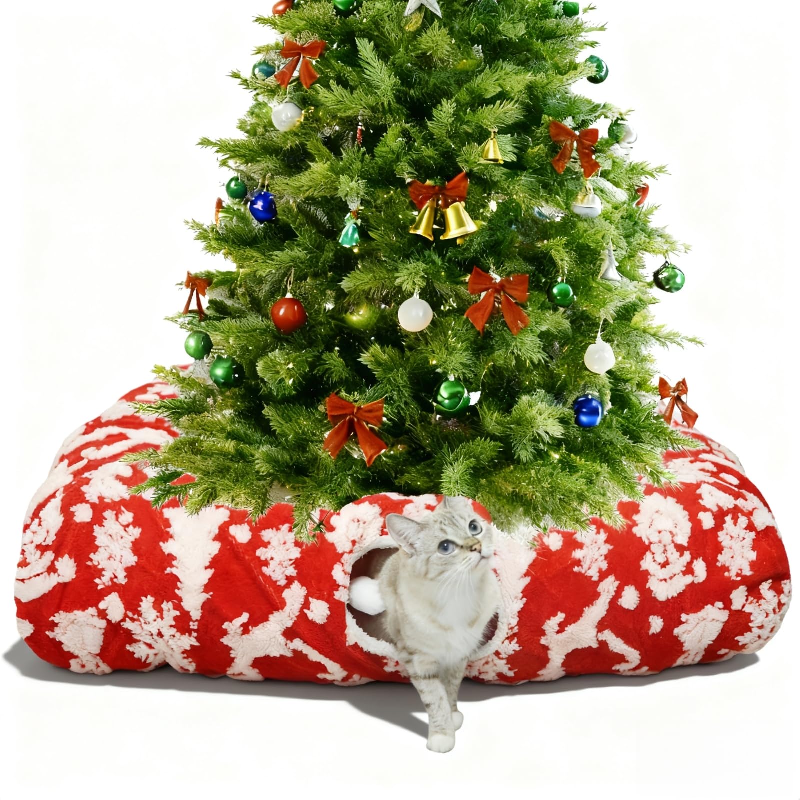 Feyxfnne Christmas Cat Tunnel Bed with Warm Mat creates a cozy retreat for cats.