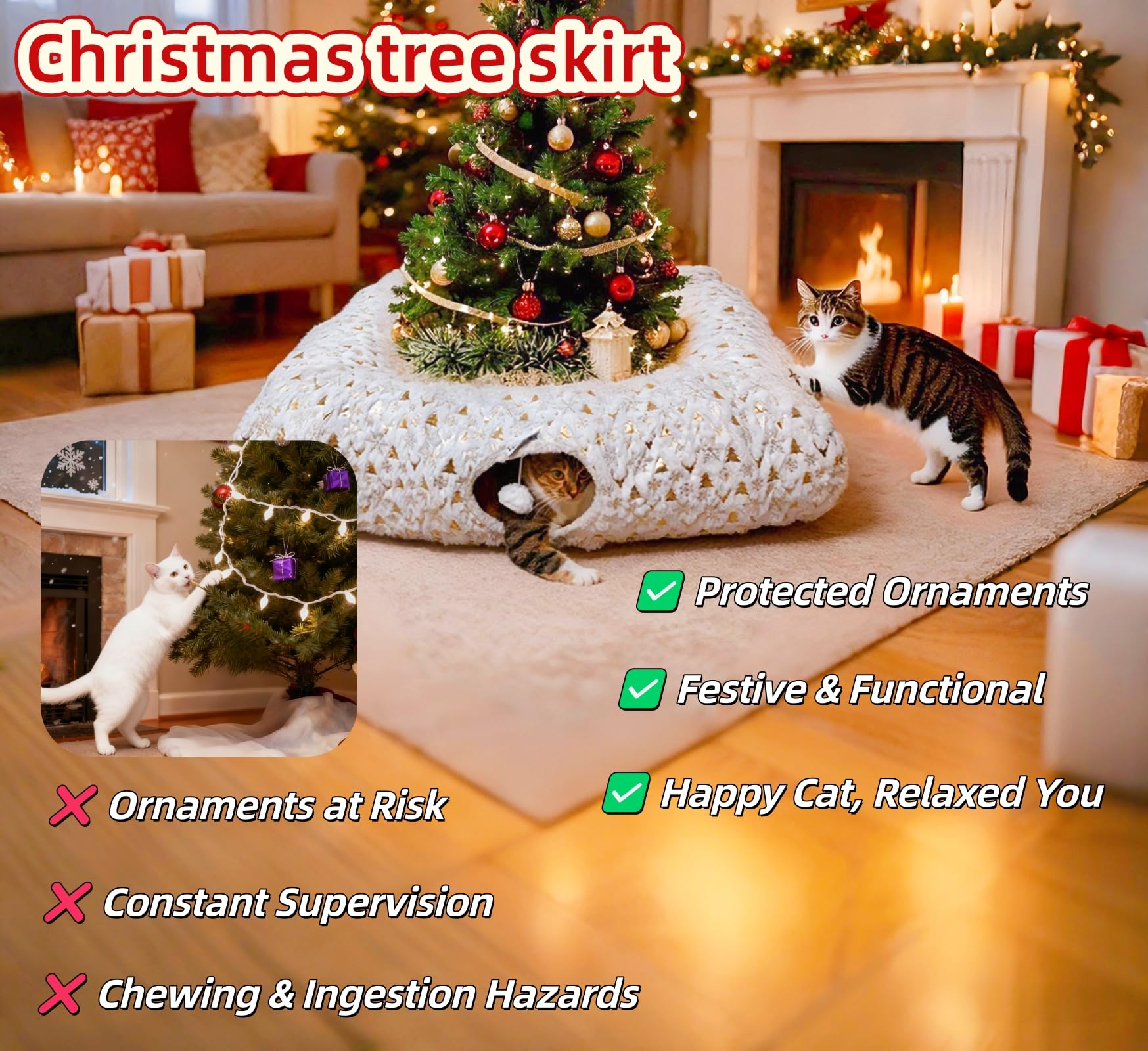 Feyxfnne tree-skirt-ornaments protects decorations from curious paws.
