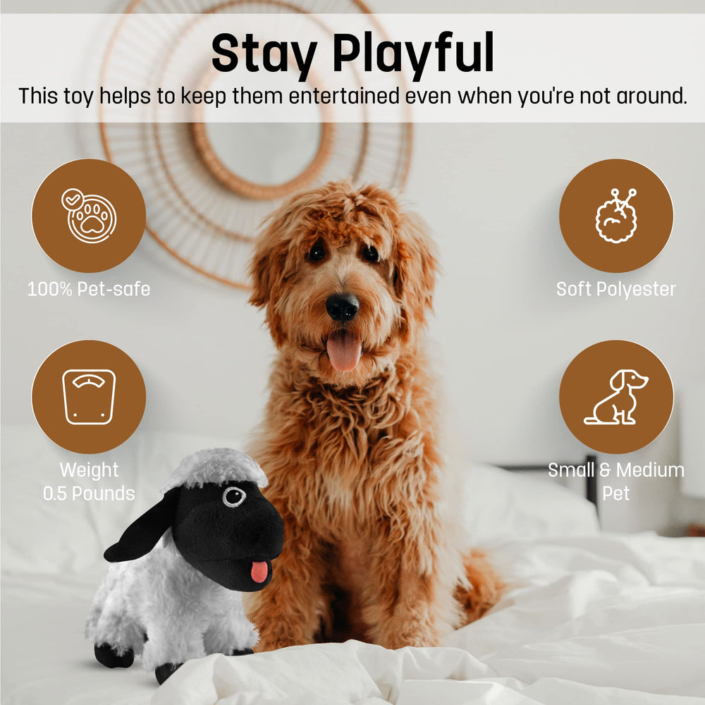FGA Marketplace Black Sheep Plush Toy in use during rough play with dog
