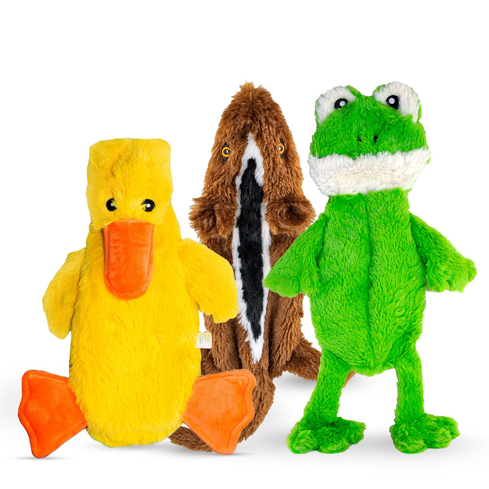 FGA MARKETPLACE Duck-Frog-Squirrel flat no-stuffing no-squeak dog toy 21in for mess-free play.
