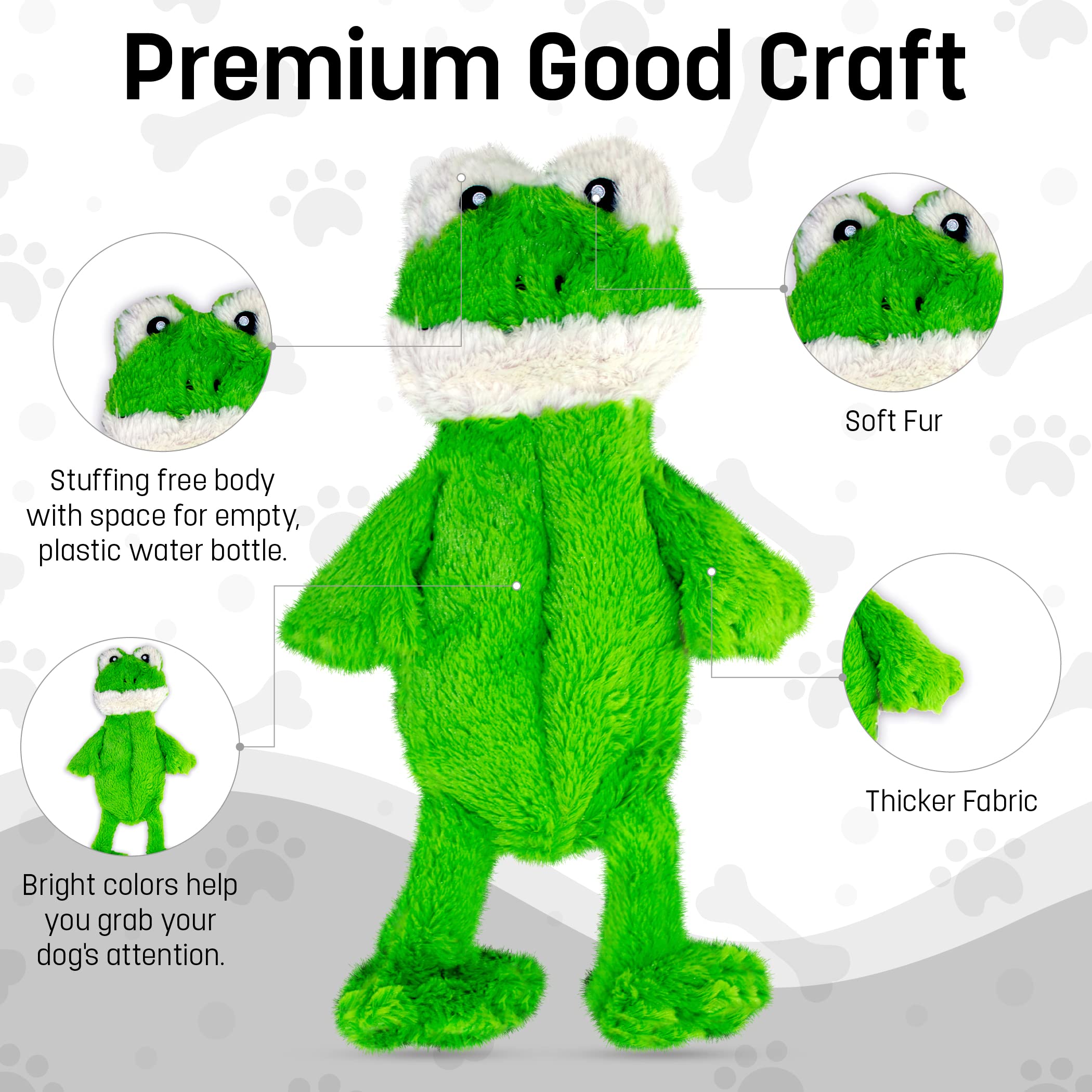 Durable, minimal-seam construction shown on the Frog-Fox Flat No Squeak Toy for long-lasting play.