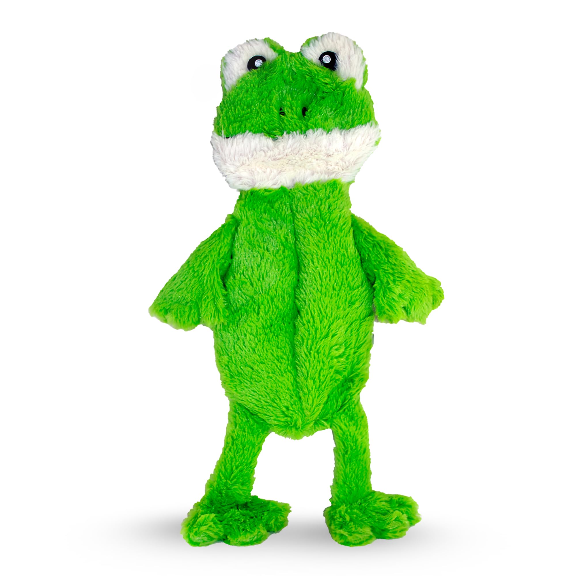 FGA MARKETPLACE Frog Flat No-Squeak Toy closeup highlights soft plush fabric for quiet play