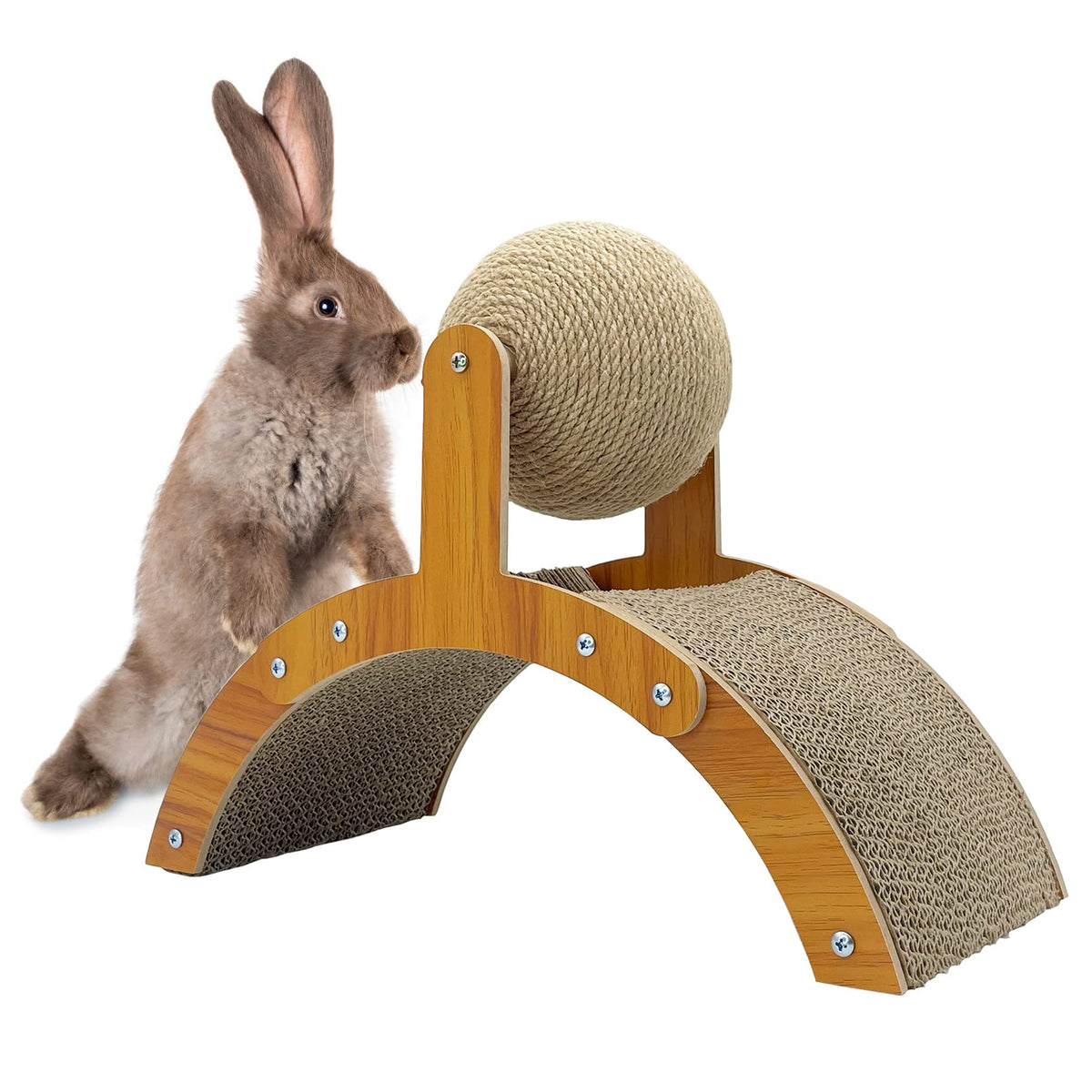 Fhiny Rabbit Scratch Toy ball-frame shows 2-in-1 scratch surfaces for rabbits.