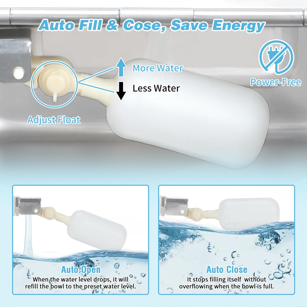 FHTONGE water bowl close-up highlights float valve for constant water level.