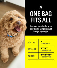 Fi 8-in-1 dog supplement powder mixed into wet food on a counter.