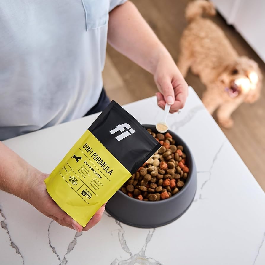 Fi 8-in-1 dog supplement powder USA-made label on jar.