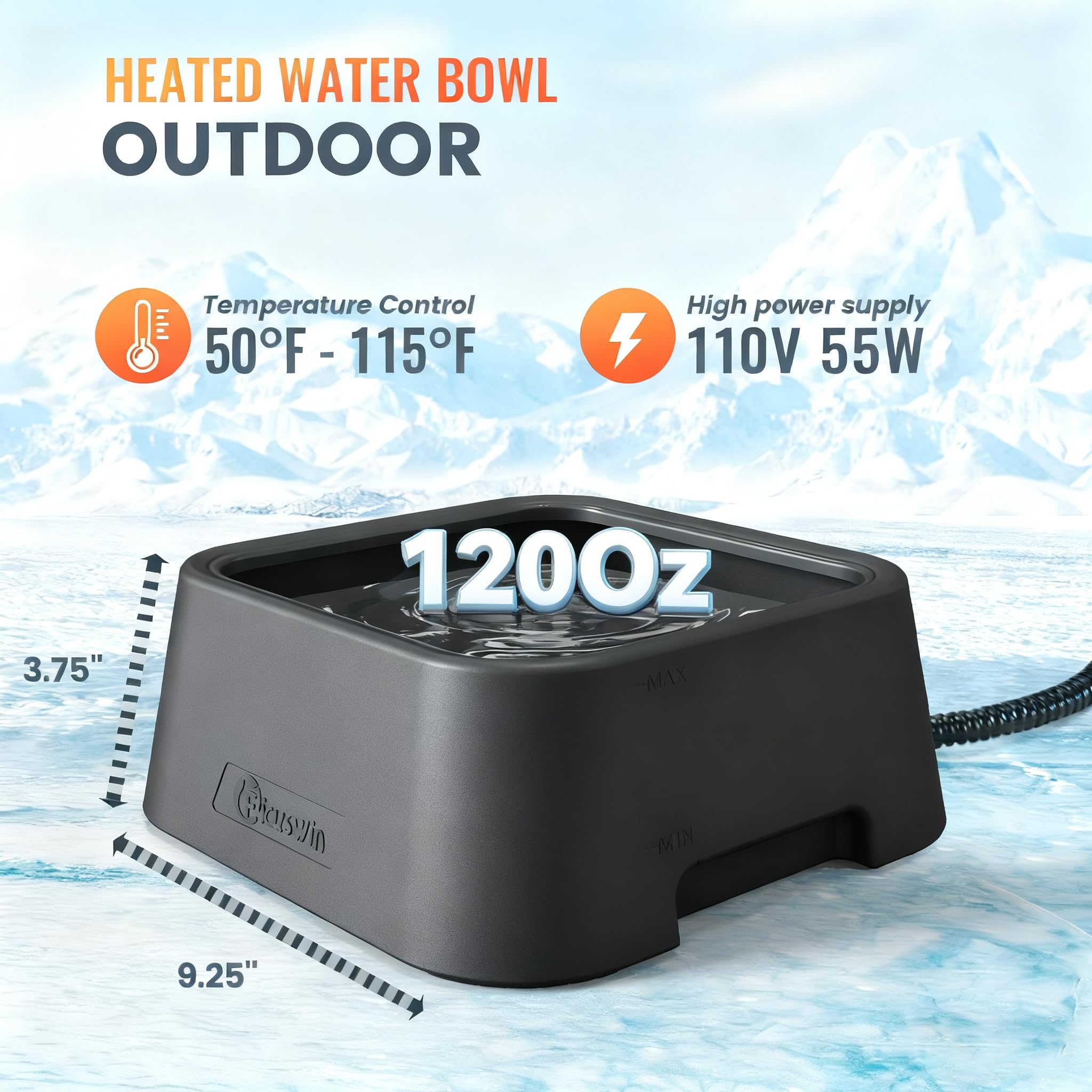 Ficuswin heated water bowl no-freeze operation keeps water sip-ready.